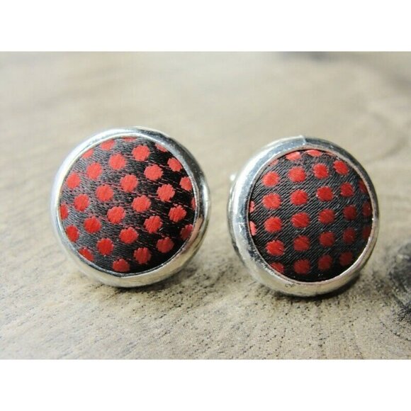 Cufflinks Silver Red Plaid Fabric Insert Tux Shirt Dress Suit Vintage - Picture 2 of 7